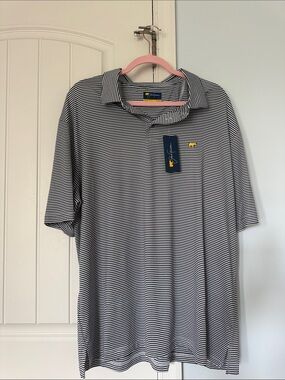 Men's Navy & White Striped Polo with Yellow Chest Accent